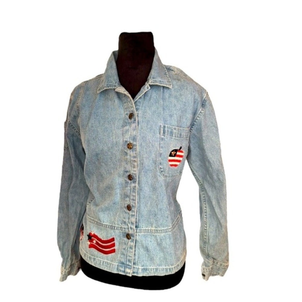 VTG Christopher & Banks Lightweight Jean Jacket Patriotic USA Embroidered size S